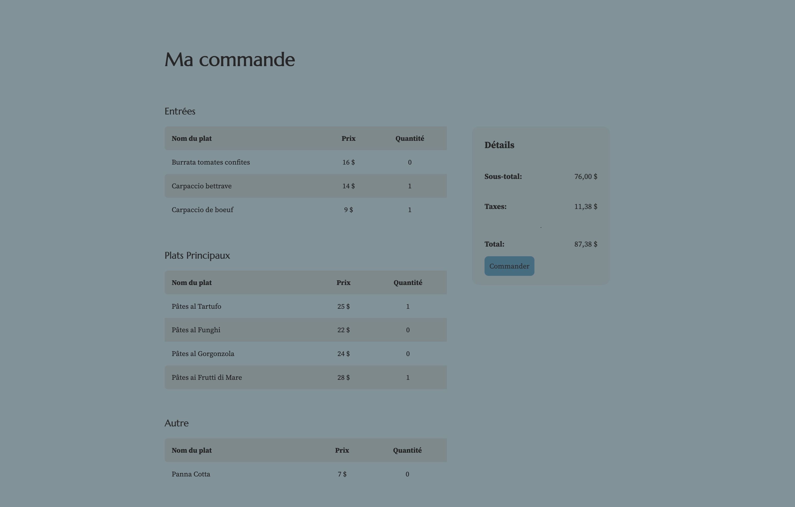 Pastaio page Ma commande